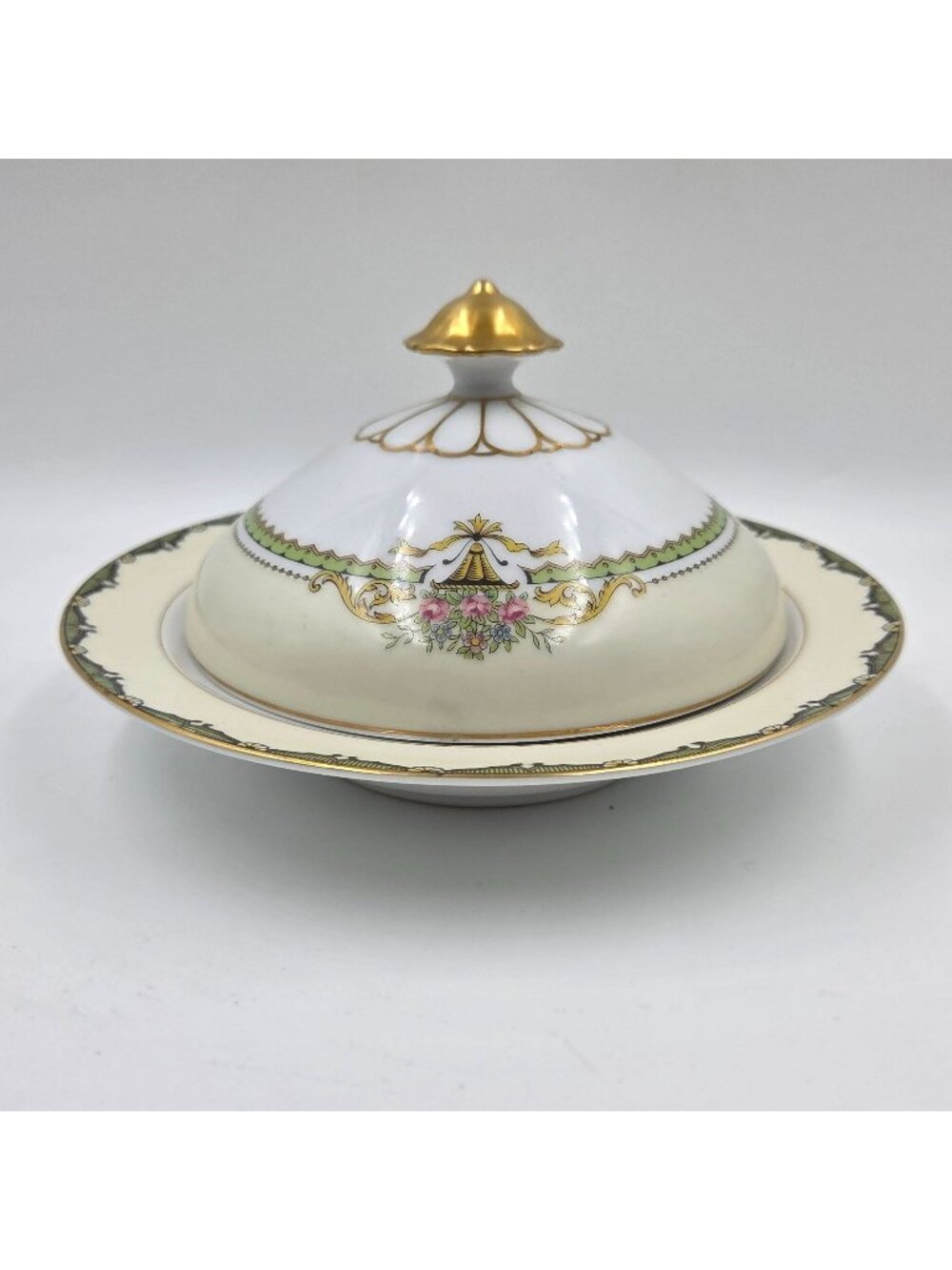 Noritake Penelope Round Covered Butter with Strainer Green Pink Roses Gold Trim